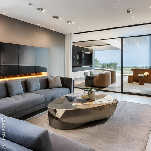 A modern gallery-style living room with sleek furniture and art displays4