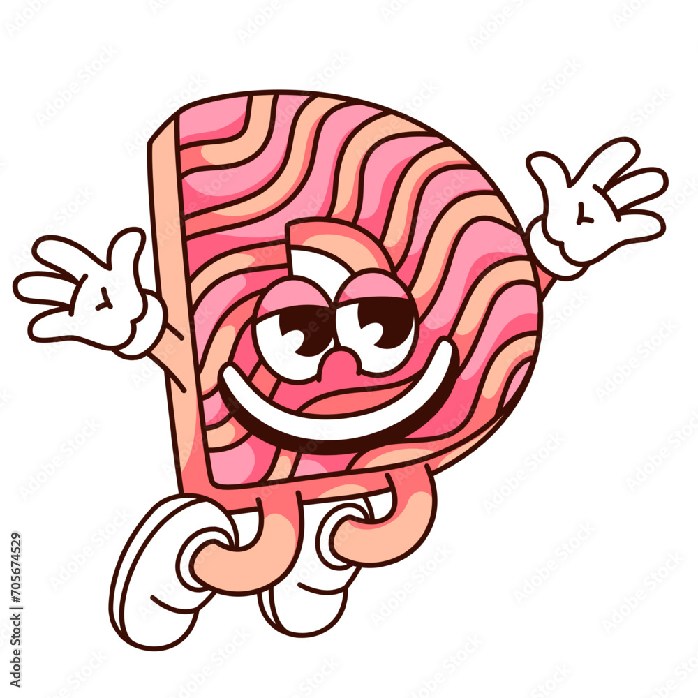 Groovy D alphabet letter cartoon character jumping. Funny retro font mascot with happy smile, cartoon D letter with wavy zebra pattern, hippie psychedelic ABC sticker of 70s 80s vector illustration Groovy D alphabet letter cartoon character jumping. Funny retro font mascot with happy smile, cartoon D letter with wavy zebra pattern, hippie psychedelic ABC sticker of 70s 80s vector illustration