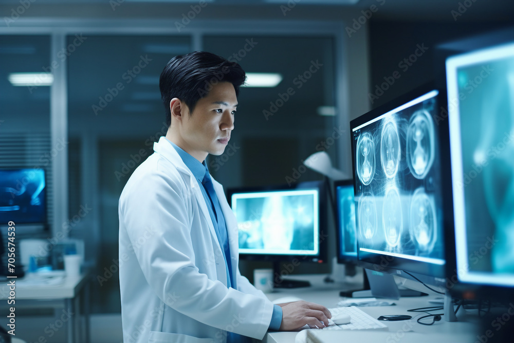Orthopedic surgeon doctor examining patient joint x-ray bone scan in radiology orthopedic hospital Generative Ai