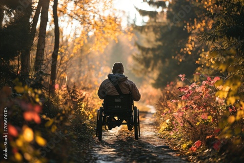 Autumnal Journey: Individual with Mobility Impairment Exploring a Tree-Lined Path © Nino Lavrenkova