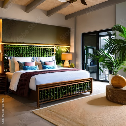 A tropical-themed bedroom with palm leaf patterns and rattan furniture5 photo