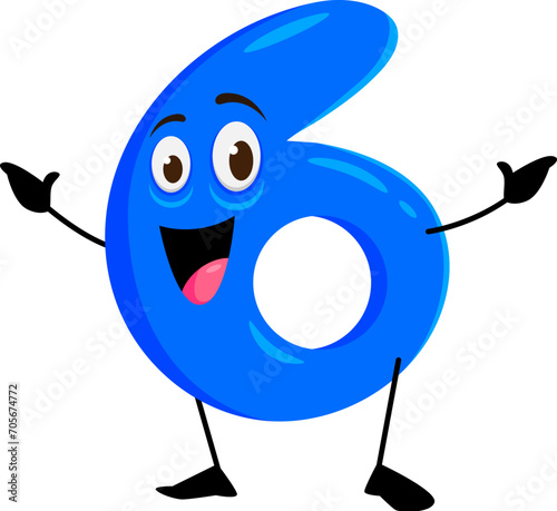 Cartoon funny math number six character. Isolated vector cute arithmetic educational digit 6 personage with adorable appearance, featuring a cheerful face, rounded shape, and vibrant blue color