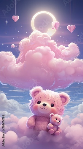 a beautiful moon, clouds, and stars with two little teddy bears in the background, in the style of honeycore, cute and colorful - generative ai photo