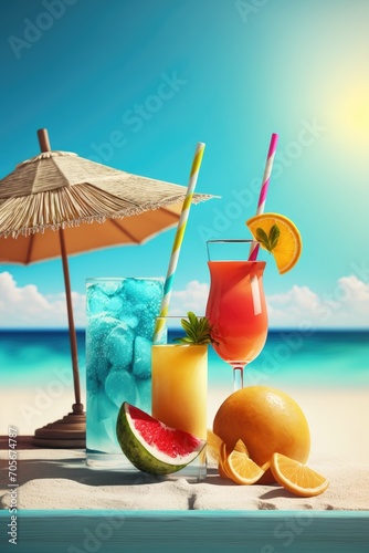 Refreshing tropical alcoholic coctails with straws.  palm trees and colorful sunset sky at background. Generative Ai