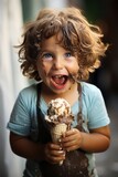 Little happy boy eating ice cream in outside. The boy's face is covered in ice cream generated AI