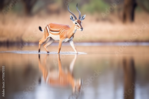 thomsons gazelle reflected in water as it runs by photo
