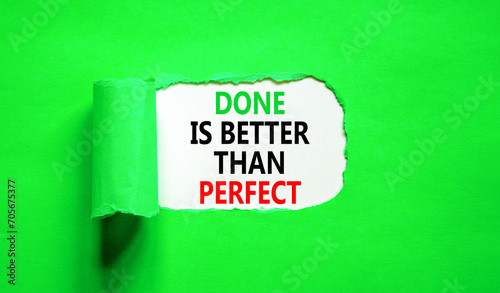 Done is better than perfect symbol. Concept words Done is better than perfect on beautiful white paper. Beautiful green paper background. Business, done is better than perfect concept. Copy space.