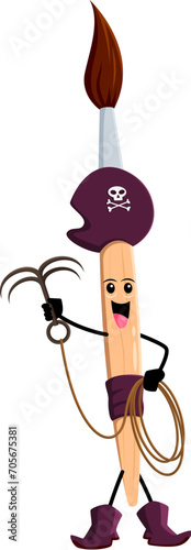 Cartoon paintbrush school supply pirate corsair character. Isolated vector brush nautical tool personage with grappling hook, ready to raid and loot, sails the seas in search of treasure and adventure
