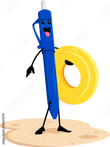 Cartoon pen school supply character on summer beach vacation. Isolated vector writing tool personage standing with inflatable ring on sandy seaside with happy smile on face, enjoying vacation relax