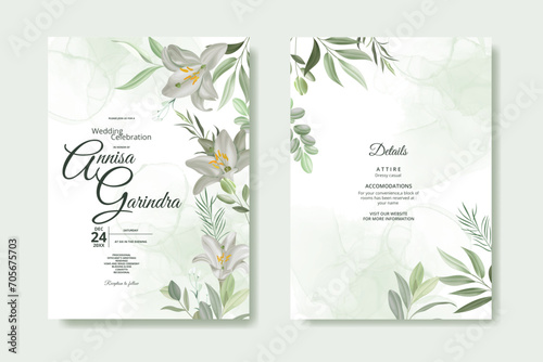 white flower and leaves  wedding invitation template set with watercolour background   Premium Vector #705675703