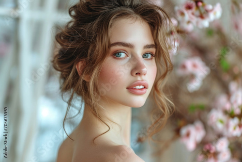Portrait of beautiful young woman with makeup and hairstyle in spring time