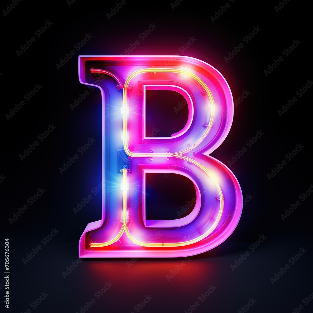 Alphabet capital letter B text. Futuristic neon glowing symbol, logo on dark grunge background.
