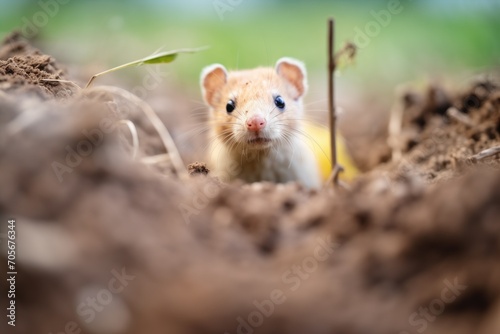 weasel with dirt on snout near burrow entrance