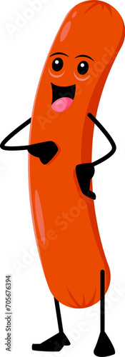Cartoon cheerful sausage breakfast character. Isolated vector playful, anthropomorphic food personage with a smiling face, exuding a fun and friendly vibe. Funny tasty snack for barbecue and hotdog