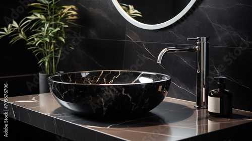 Contemporary Chic: Black Marble and Chrome Brilliance in a Modern Bathroom Oasis © Maximilien