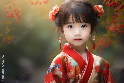 Photo of lovely adorable cute chinese girl wear traditional kimono made with generative AI