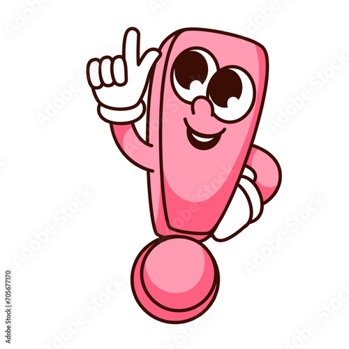 Groovy exclamation point cartoon character pointing finger up. Funny retro typography mascot, attention to important information from cartoon exclamation mark, sticker of 70s 80s vector illustration
