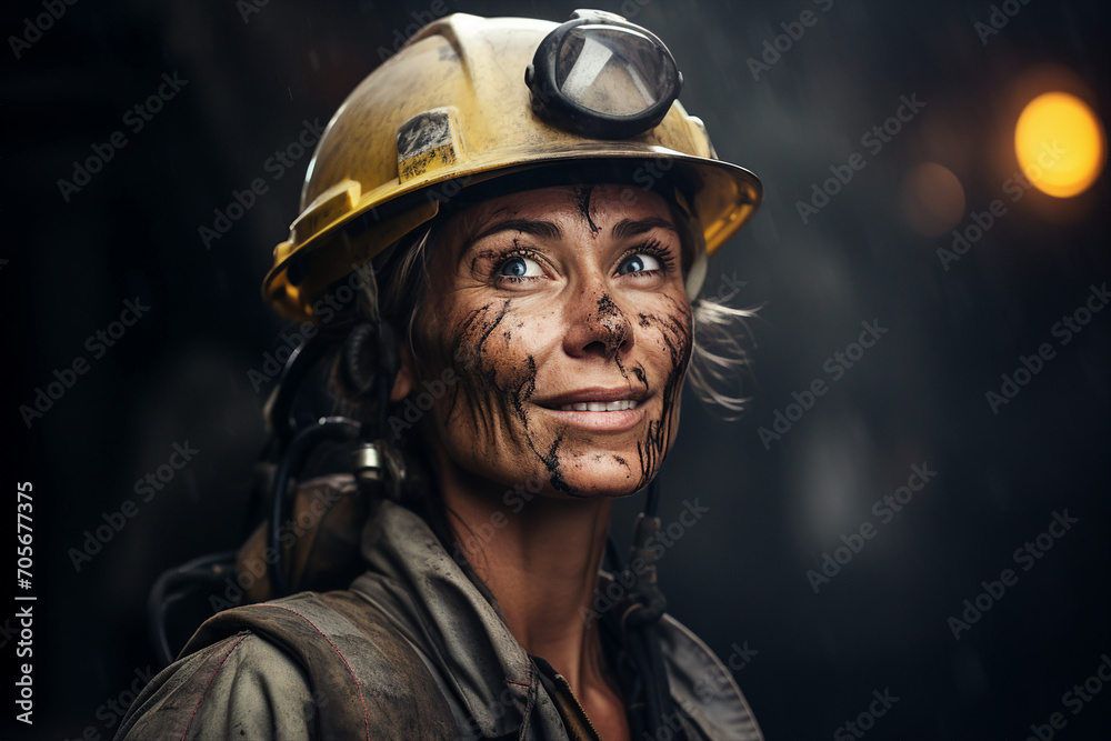Portrait of a young woman miner in protective clothing on the background of a coal mine