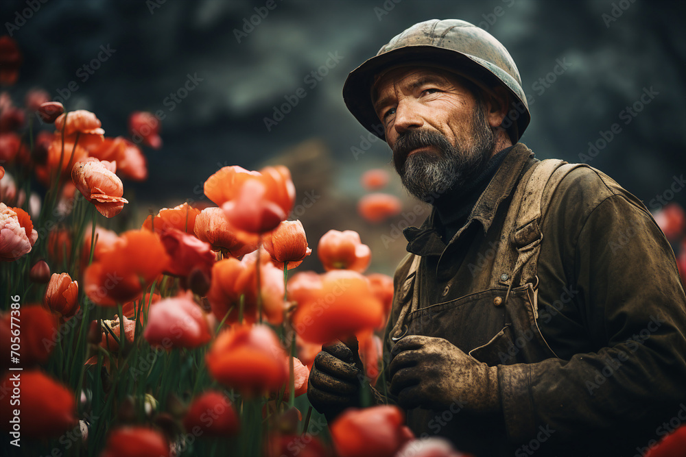 Generative AI surreal picture of an industrial worker in a mine surrounded by fresh aromatic flowers