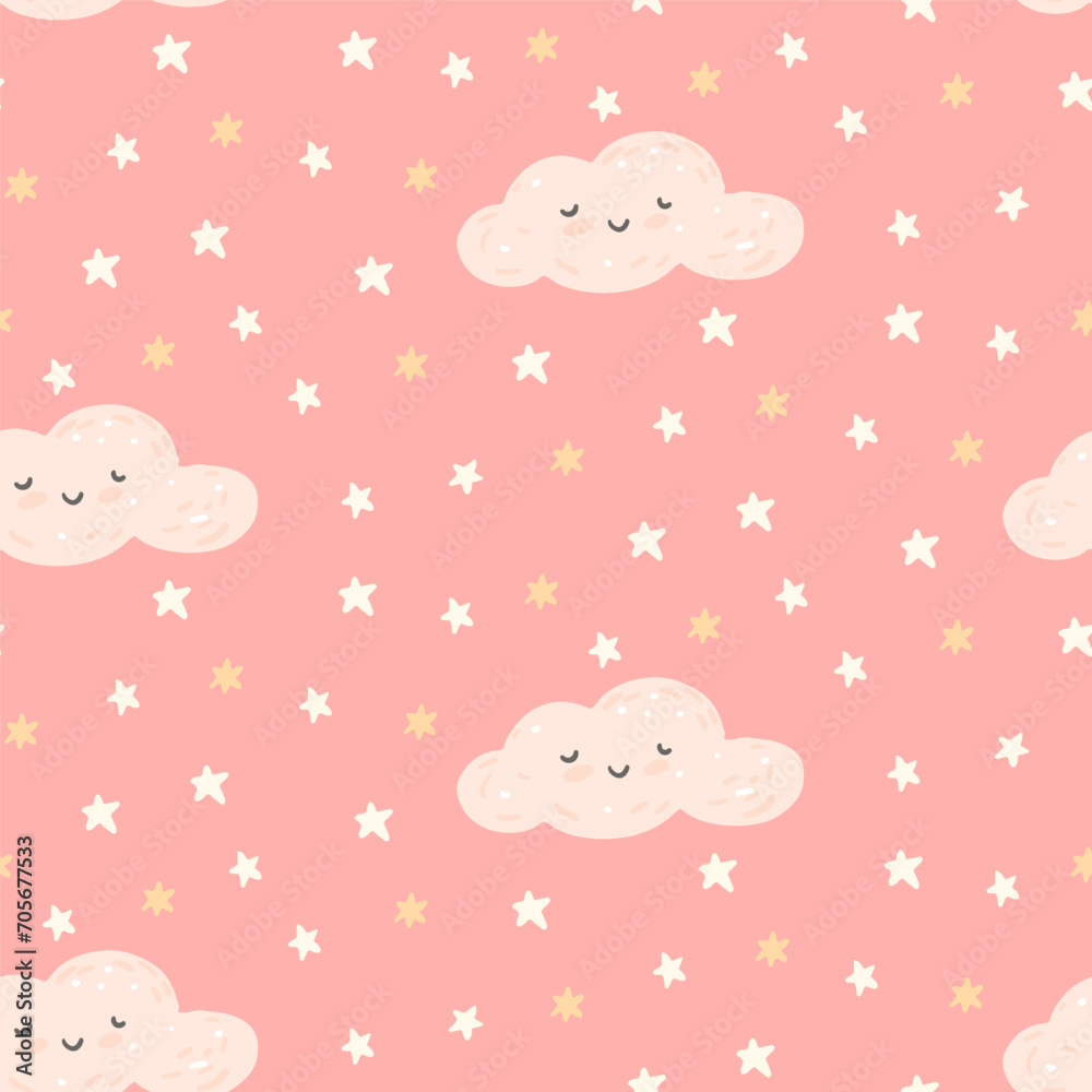 Cute pink baby pattern, stars and sleepy cloud. Pajama print design, nursery room boho collection. Vector seamless background.