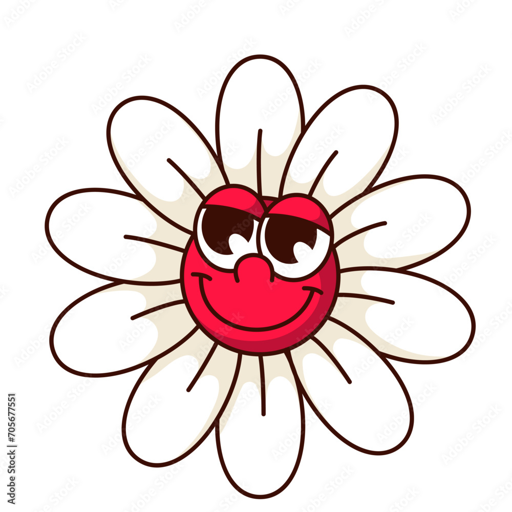 Groovy daisy flower cartoon character smiling. Funny retro floral mascot, trippy smile of cartoon happy daisy with red face and psychedelic look, emoji and sticker of 70s 80s vector illustration Groovy daisy flower cartoon character smiling. Funny retro floral mascot, trippy smile of cartoon happy daisy with red face and psychedelic look, emoji and sticker of 70s 80s vector illustration