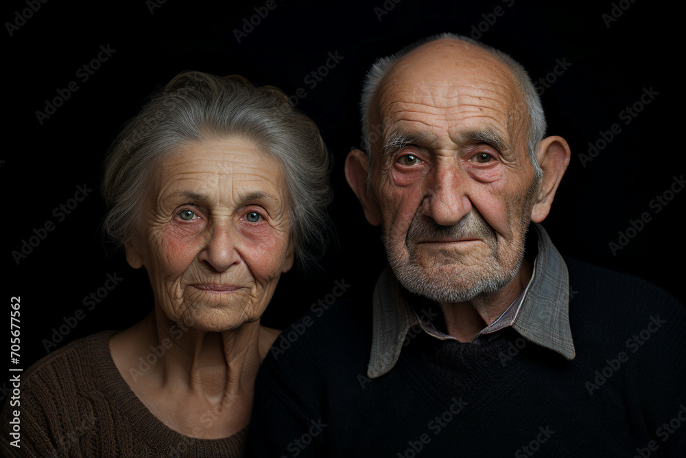Happy beautiful loving couple of old people hugging on grey background AI generated image Happy beautiful loving couple of old people hugging on grey background AI generated image