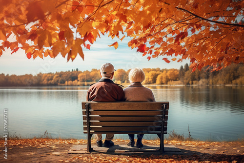 AI generated picture image of two people wife and husband enjoying beautiful autumn weather looking at a lake © Tetiana