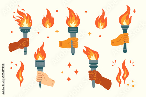 Set of burning torch with flame in hand. Symbols of sport, competition and victory. Vector illustration isolated on white background