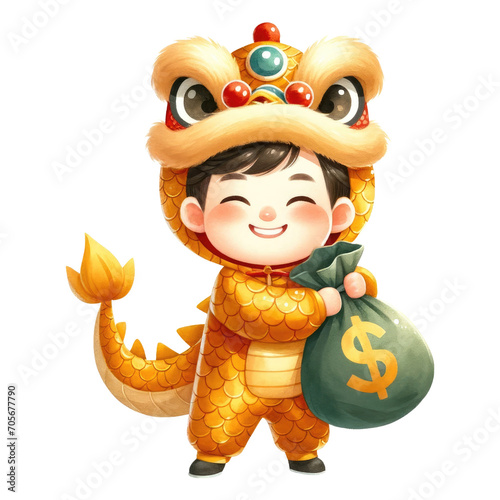 Watercolor boy in gold dragon costume holding a money bag. Year of the dragon concept. Chinese new year clipart.