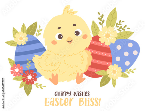 Cute little chick with Easter eggs and flowers. Holiday paschal card with bird character. Vector illustration. Kids collection