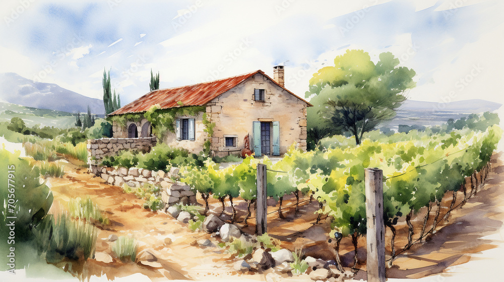 Rustic Charm in Watercolor: Traditional Stone House with Breathtaking Vineyard