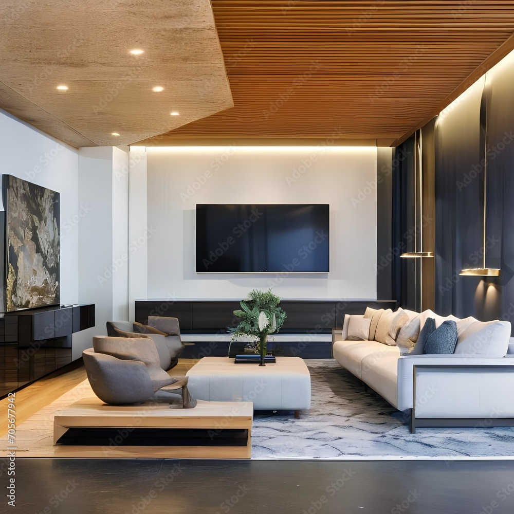 A modern gallery-style living room with sleek furniture and art displays1 A modern gallery-style living room with sleek furniture and art displays1
