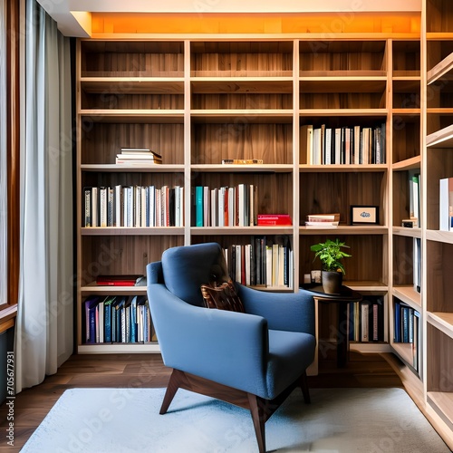 A cozy reading corner with a built-in bookshelf and oversized armchair1