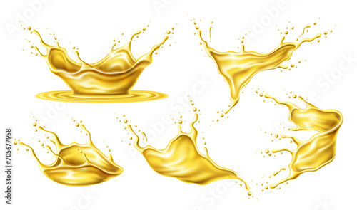 Oil splashes. Motor oil, juice and beer swirls. Isolated realistic 3d vector yellow glistening drips with splashing drops in motion. Liquid honey, beverage, nectar or fuel fluids captured mid-air