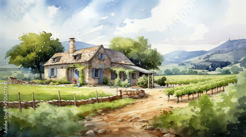 Rustic Charm in Watercolor: Traditional Stone House with Breathtaking Vineyard © Maximilien