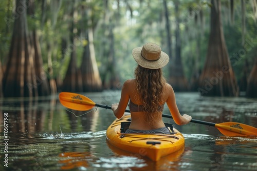 A tourist girl is canoeing on a mysterious river in the jungle © Александр Лобач