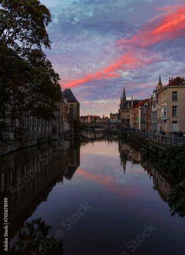 Beautiful sunset over the canals of Ghent