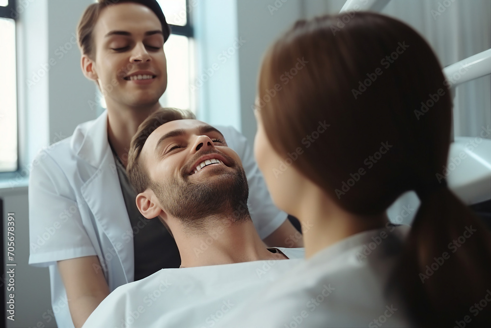 Portrait of a happy smiling person in the dentists chair in office generative AI Portrait of a happy smiling person in the dentists chair in office generative AI