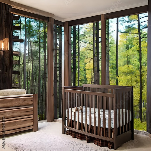 A rustic cabin-themed nursery with log-style crib and woodland decor2