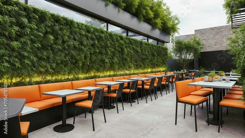 a restaurant patio with orange and black tables and chairs. There is a long bench with orange cushions and a wall of green plants behind it. 