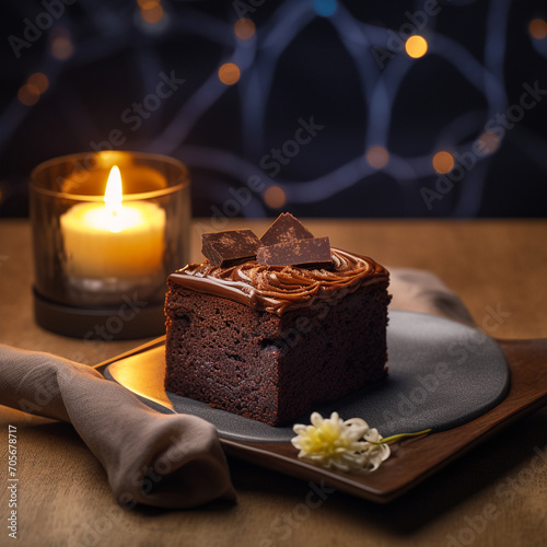 Brownie, classic chocolate cake, on a plate, unusual background, dessert, homemade food, in a restaurant, very tasty.