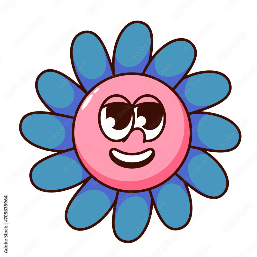 Groovy flower cartoon character with happy smile. Funny retro cheerful floral mascot, cartoon daisy flower with blue petals and pink face, comic chamomile sticker of 70s 80s vector illustration