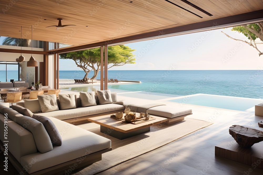 Fototapeta premium An airy and open modern interior of a beachfront villa