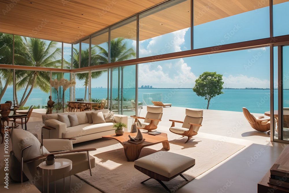 The stylish, open-plan interior of a beachfront villa