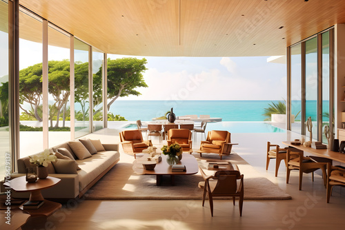 An expansive  well-lit interior of a beachfront villa
