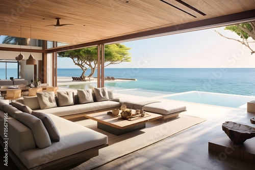 An airy and open modern interior of a beachfront villa