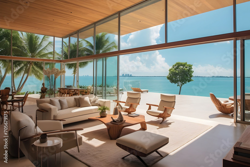 The stylish, open-plan interior of a beachfront villa