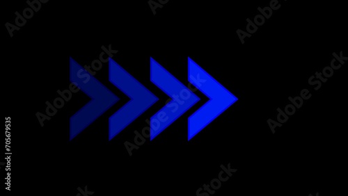 Flashing neon icon to the right arrow. blue color right chevron arrow. right arrow. arrow sign. Safety type. Neon futuristic arrow sign. Isolated on black background.