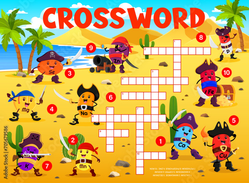 Crossword quiz game. Vitamins and micronutrient pirates and corsair characters. Crossword quiz, wordsearch kids game vector worksheet with Se, Zn, P and Fe, Mg, Mn filibusters vitamins cute personages