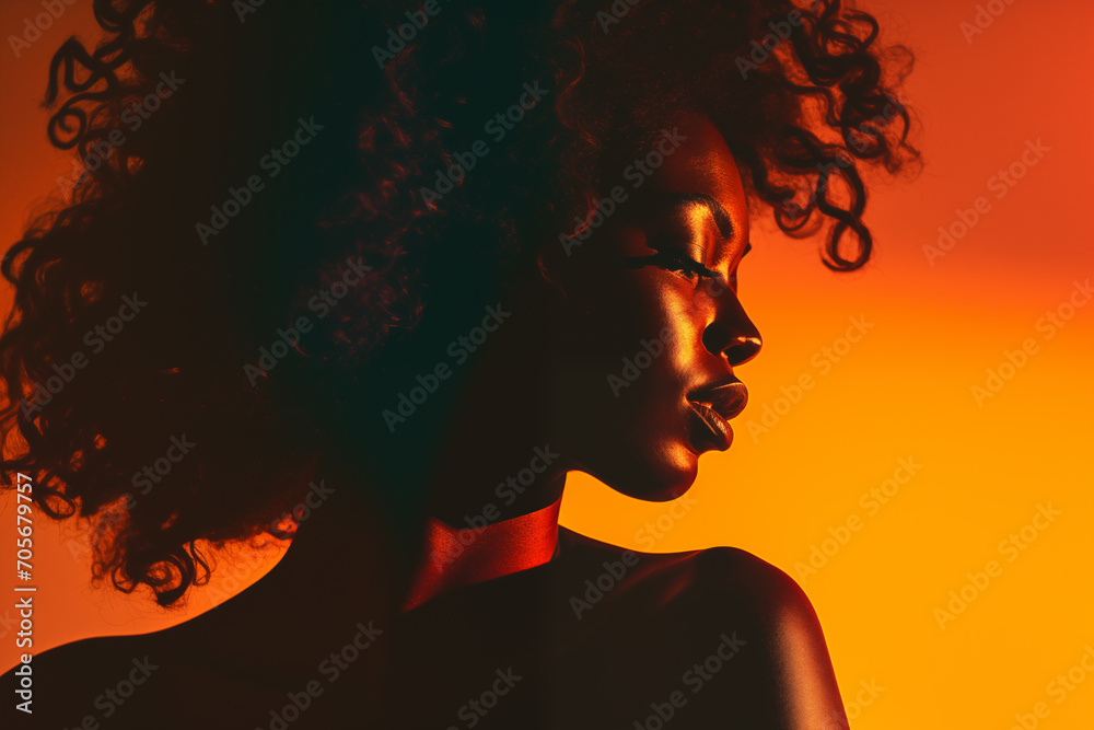 Mulher afro com luzes e sombras em seu rosto em um fundo artístico - Fundo de tela  - obrazy, fototapety, plakaty 